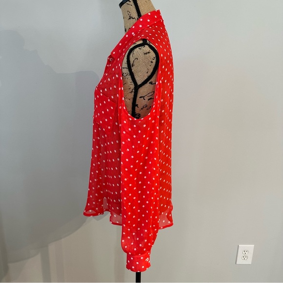 Bongo Red Orange Polka Dot Sheer Cold Shoulder Long Sleeve Button-Up Blouse Top - Picture 3 of 7